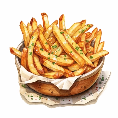 a delightful watercolor, hyper-realistic clipart image with a white background and white margins, showcasing a plate of garlic Parmesan fries--fries tossed in garlic butter and sprinkled with Parmesan cheese and fresh herbs. The ultra-detailed, hand-drawn elements capture the savory toppings and the golden fries. Use whimsical touches to add a touch of charm, and bold shades of yellow and green to evoke the rich and flavorful nature of this gourmet twist on French fries