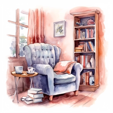 watercolored clipart,a cozy reading corner with a comfortable armchair, a bookshelf and a cup of tea