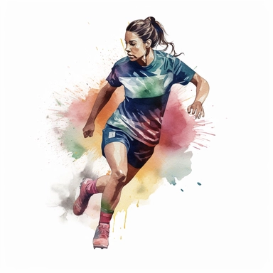 Watercolour of a female footballer , Clipart,Cartoon,hyper realistic, intricate detail isolated on a white background, high quality, sublimation, detailed, cartoon style