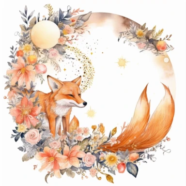 fox moon clip art october download, in the style of intricate, delicate flower and garden paintings, light white and orange, the stars art group (xing xing), dreamy watercolor florals, faux naïf, shaped canvas, white backgound