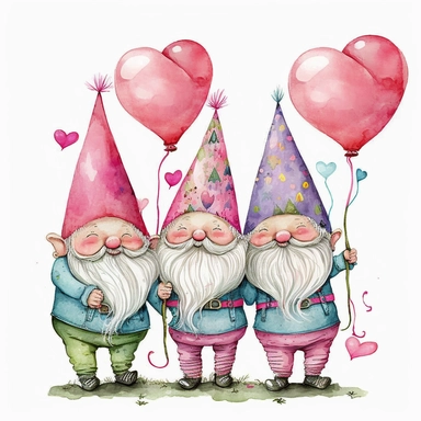 Watercolor happy 3 pink gnomes valentine theme with pink heart balloons, Clipart, Colorful, Retro, highly detailed on white background