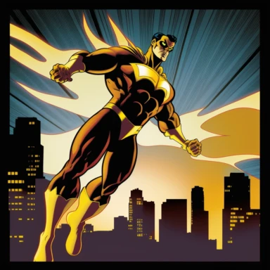 An exciting clipart image of a superhero swooping in with dramatic flair, surrounded by an expansive urban landscape filled with towering buildings and vibrant night lights. The bright colors of the cityscape create a vivid energy that captures the electricity and anticipation of the scene. The superhero is illuminated by a glorious, golden halo of light that elicits feelings of awe and power. The dazzling effect casts eye-catching glimmers of color and catches the attention of observers.