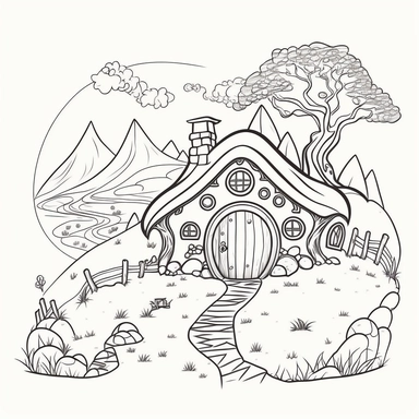 Coloring book page for kids, a hobbit house in a hill, clipart, cartoon kids style hand drawn line art, black and white