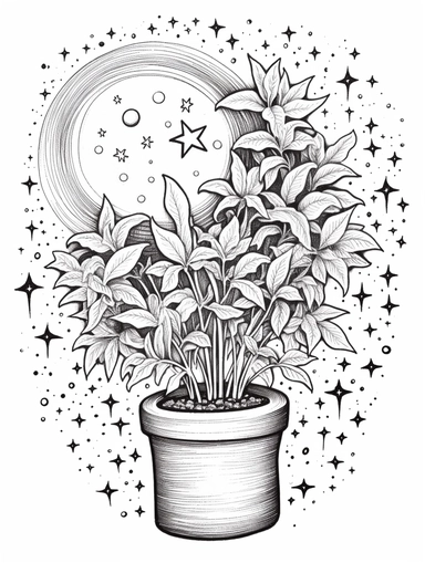 Coloring pages, black and white, linework, clip art, white background. Seedling plant growing, stars, planet.