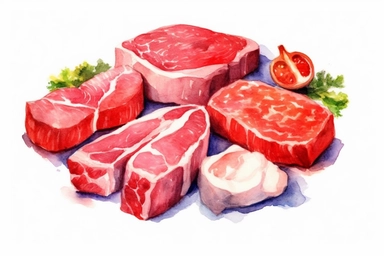 Watercolor, Beef, Meat and poultry, clipart, hd, on a white background, spaced out