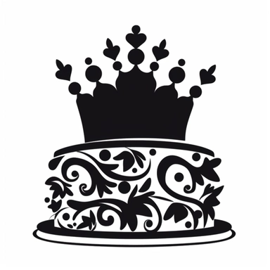 birthday cake with princess crown on, it decal simple cutout clipart, black silhouette,