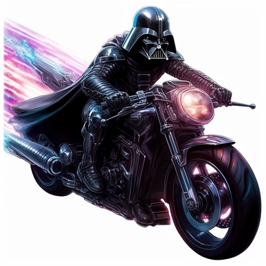 a realistic clipart, darth vader on his futuristic sports motorcycle
