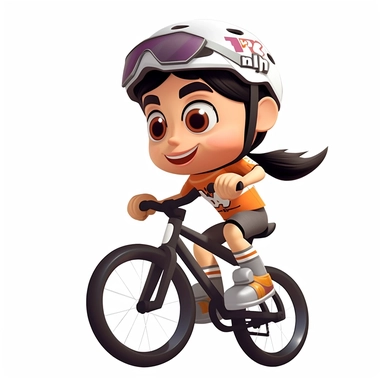 cute cartoon chibi girl riding a mountain bike downhill in action, smiling, wearing a bicycle helmet with straps,full body, downhill bicycle clipart, Sport graphics, isolated on white background, 3d, rendered by pixar