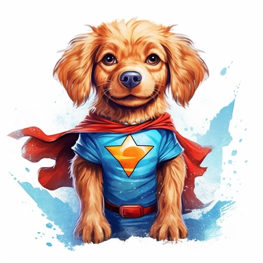cute Dog character wearing superhero custom with happy face,front facing on isolated background,colorful color,with happy face and expression,Animal Sublimation Clipart,no splash watercolor,white background, ultra detailed clipart, cut out image, colorful watercolor realistic, cartoon style, ultra HD, sharp and clean art