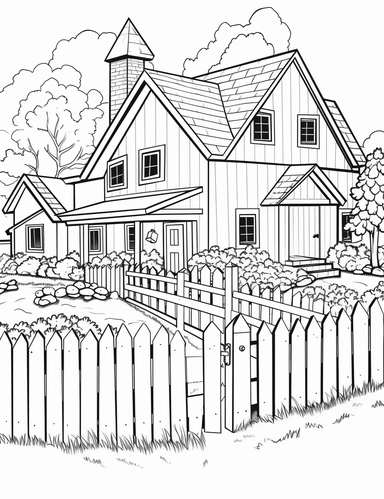 Country Farm Coloring Book for adults, black and white, Farmhouse with a picket fence, clipart, illustration, line art, thick outline, black outline and white fill,