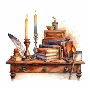 watercolor, hyper realistic, white background, white margins, 16k, ultra detailed clipart, cut out image, hand-drawn, whimsical a vintage quill pen and inkwell set on a wooden writing desk, surrounded by books and a candlestick holder, with warm hues of brown and sepia.