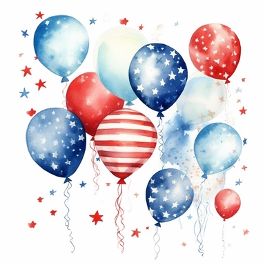 Balloons and Confetti: Create clipart of balloons in different colors and shapes, paired with confetti elements. This clipart can be used to add a celebratory and joyful atmosphere to your designs. patriotic pattern, stars and stripes, red white and blue, delicate detail, watercolor, in the style of artgerm, 2d game art, quadratura, clipart, on white background,