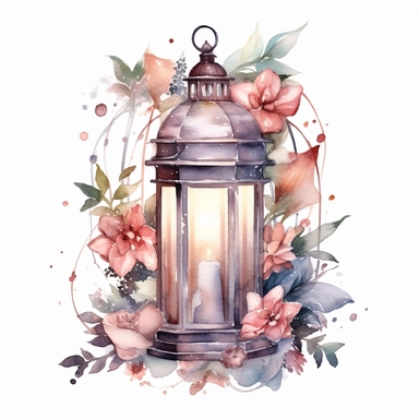 A watercolor clipart showcasing a lantern filled with twinkling fairy lights, surrounded by floral elements, evoking a magical and ethereal cottagecore ambiance , minimalist ,isolated white background,8k
