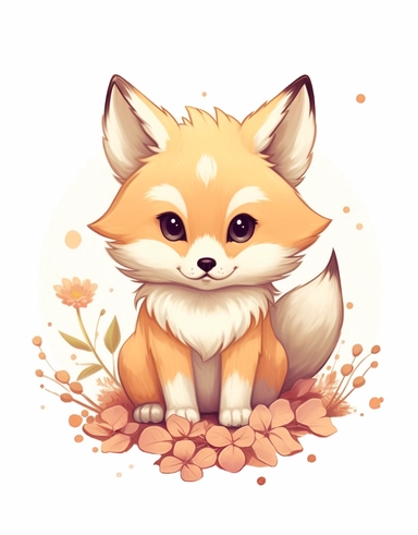 kawaii baby fox clipart, in the style of surrealist botanical, forced perspective drawings, shilin huang, beige, bulbous, group material, pigeoncore