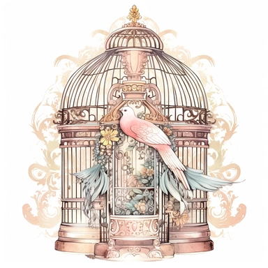 victorian style birdcage with ornate details and decorative element inside and vintage feel and intricate scrollwork and filigree patterned and with elegant curves clipart isolated on a white background, budgerigar birds, clean edges around image, in the style of realistic watercolors illustrations, blush pink cream and soft shiny gold pastel color palette, in brush style of Willem Haenraets, feminine sensibilities, detailed illustrations, heavy shading, delicate painterly touch, 300 dpi