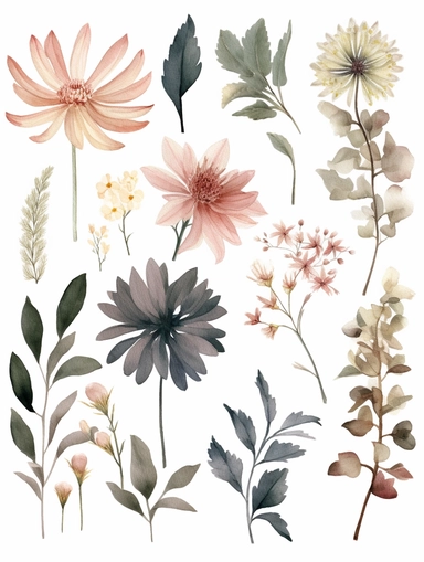 watercolor flower botanical clipart with muted colors