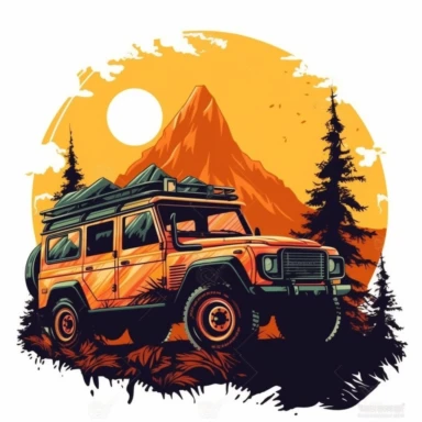 offroad floral advventure car 4*4 vehicle truck between high mountains and trees, vivid colors, sunset, clipart, hd, white background