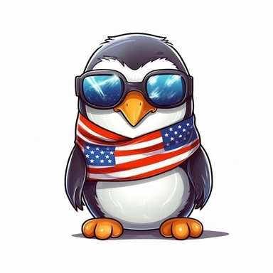 Sticker, American flag with penguin scarf and sunglasses Sublimation Clipart, Cartoon funny, Cute anime, Very detailed, white background