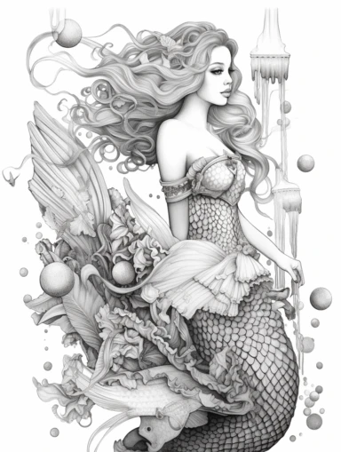 Coloring book, white background, black and white, clip art. Mermaid. Fish bottom, woman top. Mermaid has large wings.