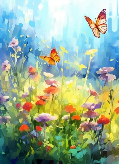 butterflies on a flower field, in the style of 2d game art, nostalgic paintings, 32k uhd, colorful dreamy watercolor scenes, adventure pulp, classical, historical genre scenes, rough-edged 2d animation, watercolor clipart