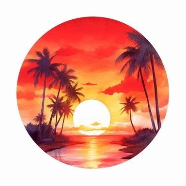 circle, tropical colorful beach sunset, glowing sun, watercolour, red, orange, detailed, clipart, white background