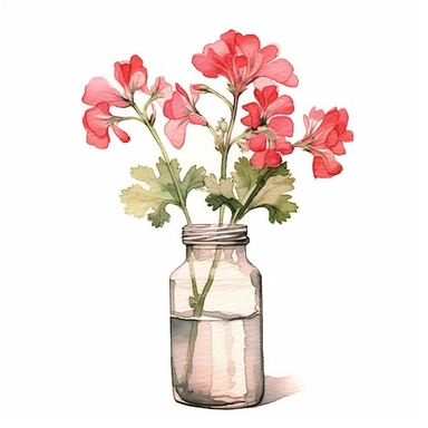 watercolour clipart of geraniums in a milk bottle, vector, white background