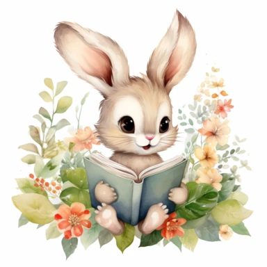 cute a Jungle Rabbit Cartoon, reading the Book, back side some flowers garphic watercolor cartoon sublimation clipart, white background, high resolution