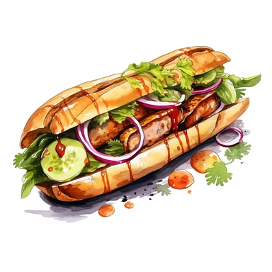 watercolor, hyper realistic, white background, white margins, 16k, ultra detailed clipart, cut out image, hand-drawn Vietnamese banh mi sandwich with grilled pork, pickled vegetables, cilantro, and mayonnaise, served on a crusty baguette, with a cup of Vietnamese iced coffee on the side, in the style of nightcore, multilayered realism, ricoh ff-9d, light gray and light brown, mushroomcore, dark red and green, heavy shading