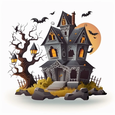 halloween haunted house with spooky decorations. cartoonish design. white background. no tags. CLIPART!!