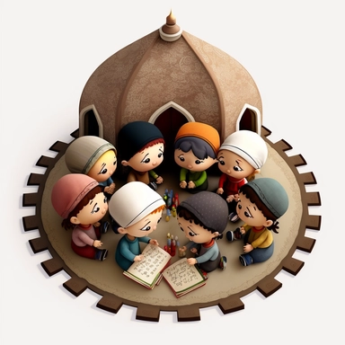 Two cute male children with a group of children, sitting in a circle for memorizing the Qur’an inside mosque, light and shadow,3d Cartoon character, full color, detailed photo, , clipart drawing, clipart image, high definition drawing, clean colors, balanced colors, detailed drawing, 8k,