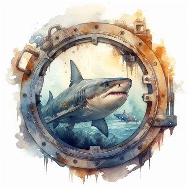 watercolor clipart consist of Shark circling a shipwreck. Produce very high detailed image. Left some empty white space around. The shark proportion is as original great white shark. The view is inside the shipreck rusty window
