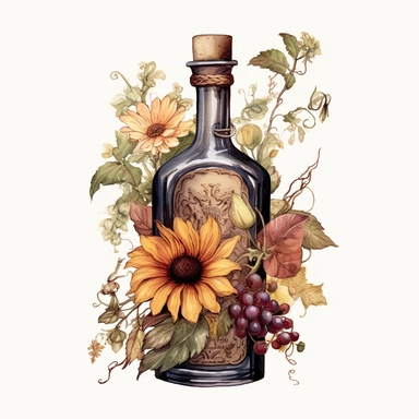Vintage alcohol bottle with flowers, vines, illustration clipart, high detailed, white background, digital art