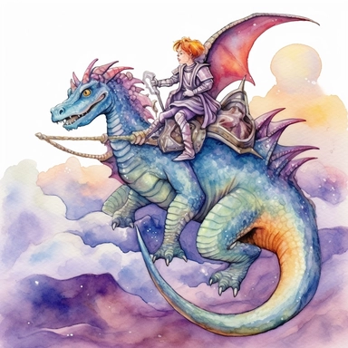 dragon and knight in a fantastical and magical world, watercolor fantasy clipart