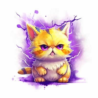 watercolor of cute electrical god cat, purple and yellow lightning strikes, vector free clipart illustration, in the style of unreal engine 5, 32k uhd, detailed features, white background