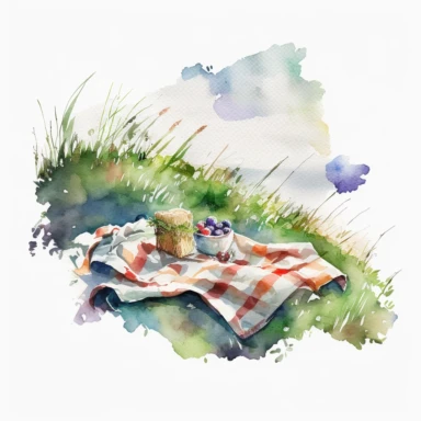 watercolor picnic blanket on hillside, clipart, white background
