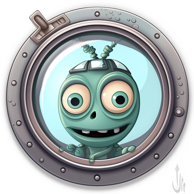 funny cartoon alien looking out a porthole of a ship, clip art style