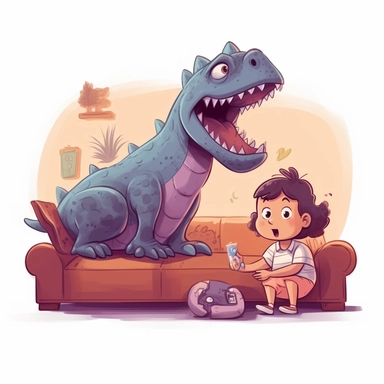 We see a room in which there are a TV and a sofa. A little girl sits on the sofa and looks at the TV. She's very excited and looks happy. A cartoon dinosaur sits next to the girl on the sofa. He watches TV, too. He looks scared. There is a teaching video for children on TV. Clipart style
