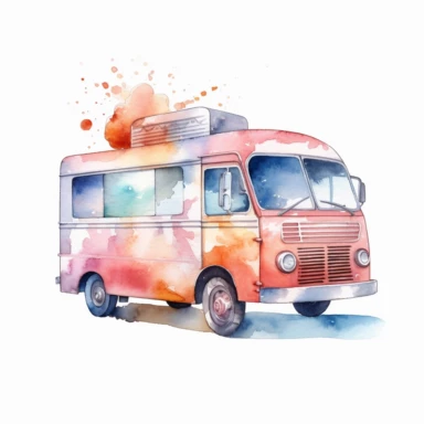 watercolour clipart of an ice cream truck without cone ice cream, isolated, white background