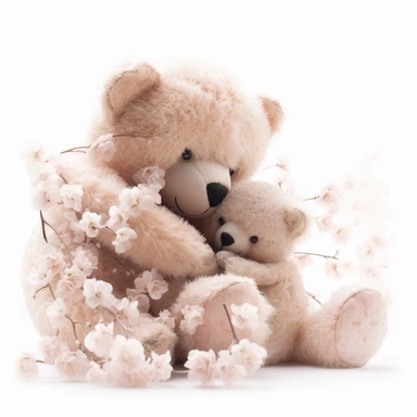 clipart of fluffy baby teddy bear sleeping in her mother's arms, cute, soft and mellow colors, cherry blossome environment, octan renderer, dept of field white background, cutout