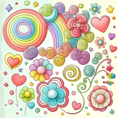 cute pastel rainbow loops, hooks, hearts, stars, doodle, swirls, seamless pattern of quirky whimsical flowers clipart, cartoon blossoms, decorative buttons, watercolr, kawii, hyper realistic,