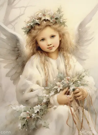 beautiful little Christmas angel , beautiful Christmas clipart, soft faded colors, art by Marjolein Bastin, Thomas Kinkade, Carl Larsson, Norman Rockwell, Susan Wheeler