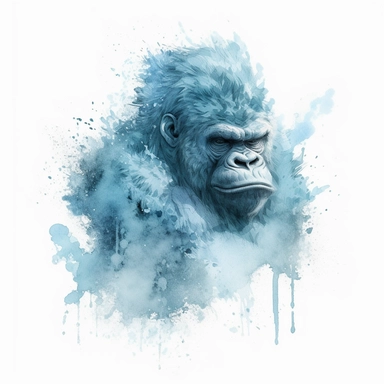 High level watercolor, hyper realistic, white background with margins, 8k, ultra detailed clipart, large, futuristic, A mystical kingkong, its frosty breath creating swirling snowflakes and ice formations in the air, fairy, cool, pastel blue
