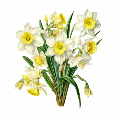 botanical clipart, full jonquil flower bouquet entire, isolated on white background, Margaret Mee, Pierre-Joseph Redouté, Sydney Parkinson, 8k