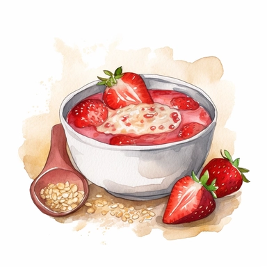 watercolor clipart of bowl with strawberries porridge with oatmeal and milk and honey, presented in a flatlay style with a top-side view on a clean white background. bowl should be filled with a visually appealing arrangement of one ingredient, showcasing their vibrant colors and textures. The watercolor style should bring out the essence of each ingredient while retaining a harmonious overall composition. The clean white background should provide a pristine backdrop, enhancing the visibility an