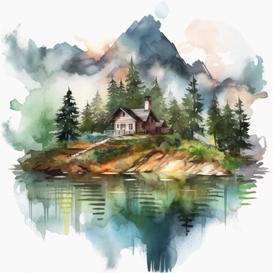 Watercolor Mountain far away, Forest House Near Lake Clipart