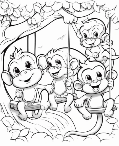 cute kawaii style Playful monkeys swinging in a tree in a jungle, with kawaii expression, Kawaii for a childrens book, cartoon style, thick lines, black and white, no shading, line drawing illustration, no duplicate faces, blurry, drawing, cartoon, illustration, painting, concept art, cgi, unreal, anime, black&white, b&w, picture frame, deformed, bad anatomy, disfigured, poorly drawn face, mutation, mutated, extra limb, poorly drawn hands, done by bad-artist, ugly, dazed, 3D render, 3D game, 3D 
