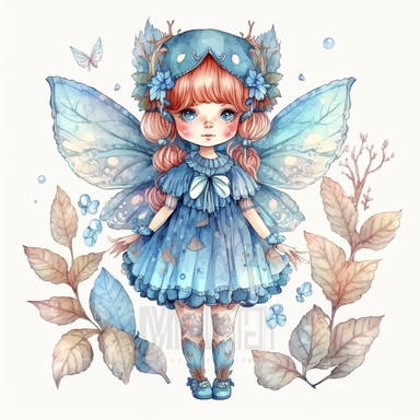 Fancy elf in blu dress, red hair, decorated with mushrooms, pastel colors and delicate details, with fairy wings, watercolor clipart, centered in the middle of the image, solid white background, isolated on white background