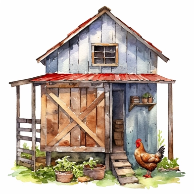 realistic watercolor backyard chicken coop on a totally white background, clipart