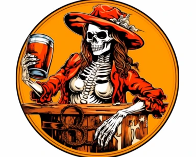 clipart of female pirate skeleton drinking a beer in hand with a hook for the other hand, sitting on a barrel isolated on a white background t-shirt design in vivid colors