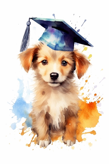 Create a watercolor clipart picture of a cute and happy baby dog wearing a graduation cap. The dog should have an adorable and delighted expression, with its fur depicted in soft watercolor textures. The graduation cap should be adorned with a tassel and placed on the dog's head. Surround the dog with celebratory elements such as confetti, balloons, and diplomas.